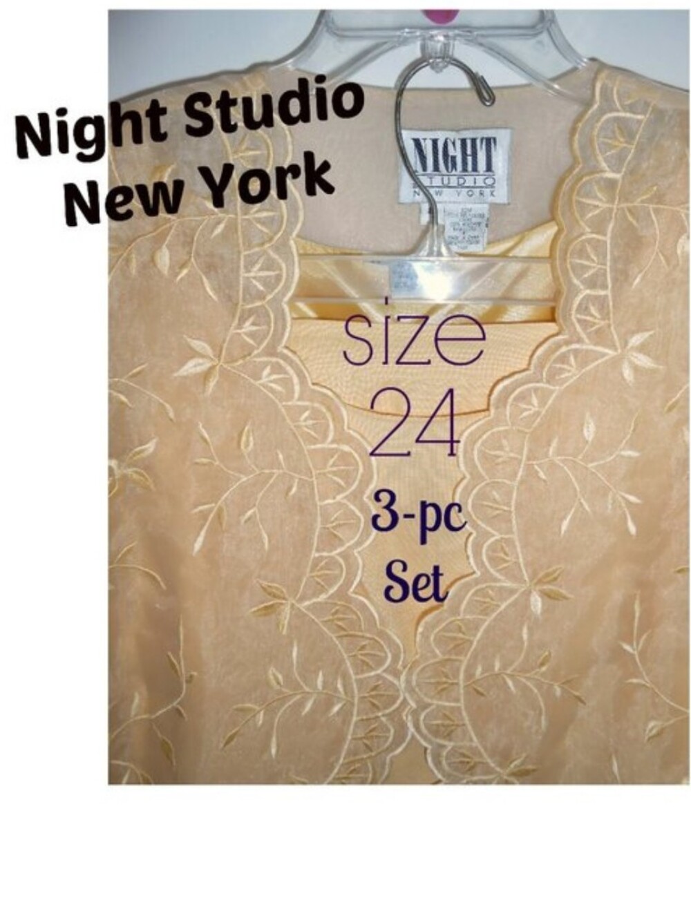 3 Pc Butterscotch Gold Embroidered Sheer Skirt/Shell/Cover Set